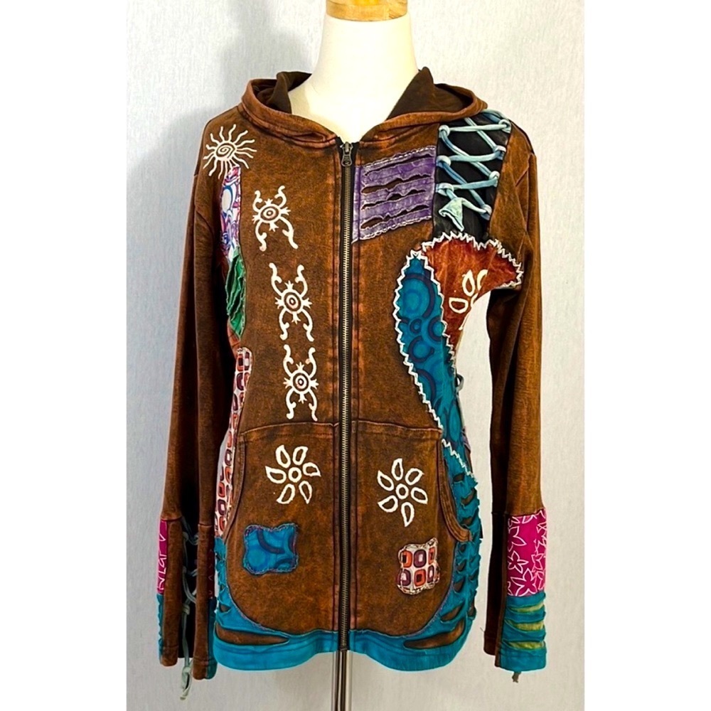 Rising International Boho Hippie zip up brown colorful hoodie patchwork Y2K